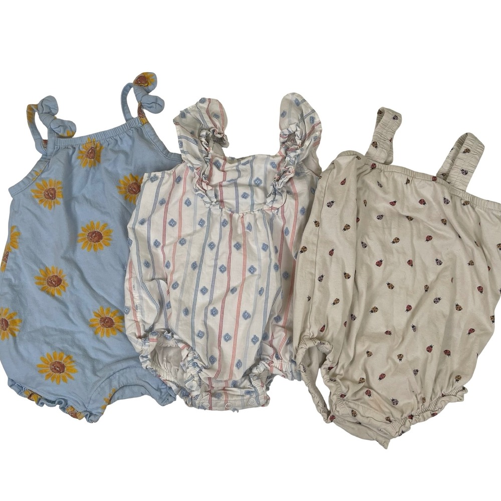 Baby Girl Romper Set‎ 3pc Sunflower Stripe Ladybug Ruffle Tie Shoulder Summer